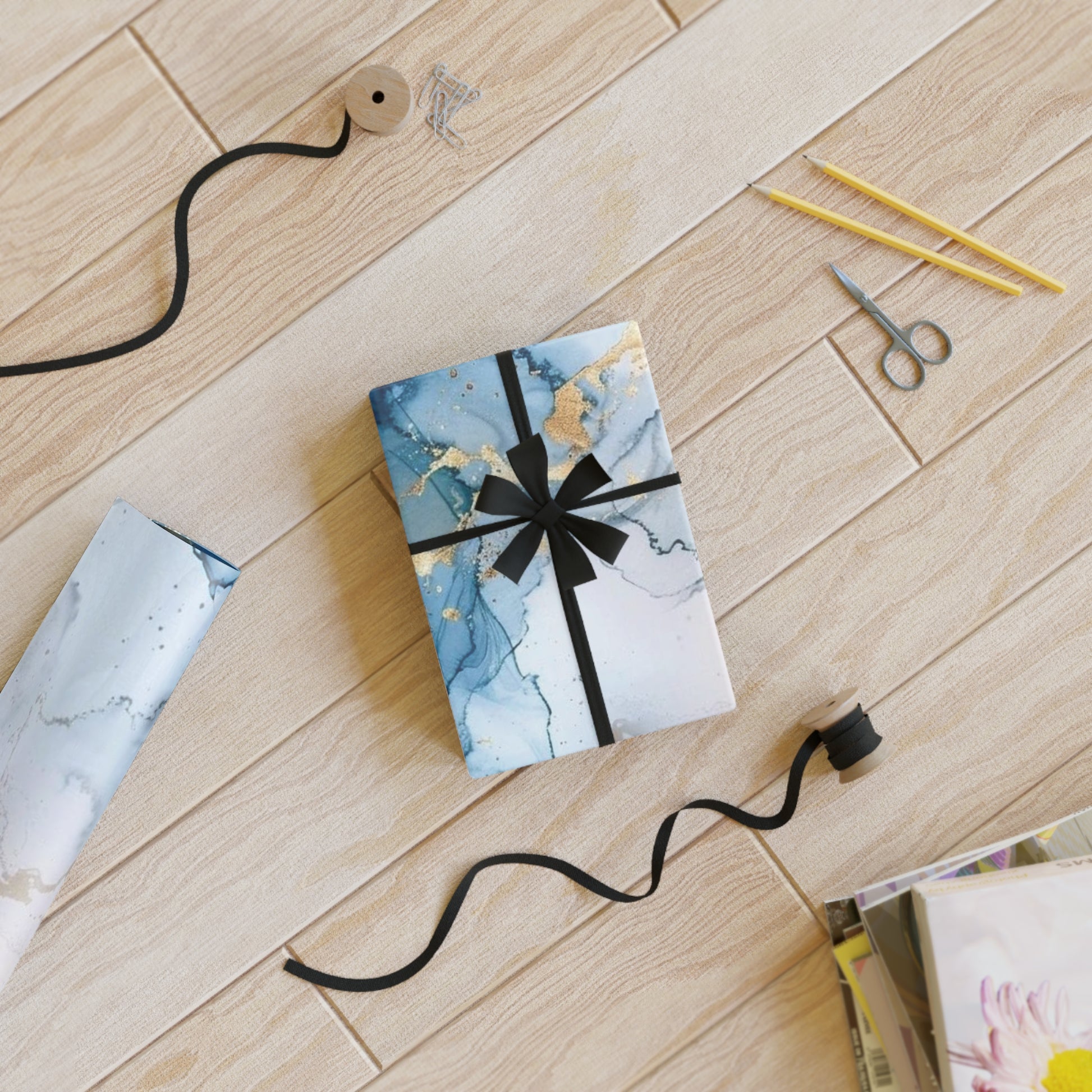 Elegant Marble Gift Wrapping Paper Roll, Luxurious Blue and Gold, Holiday Decor, Birthday Gift Wrap, Party Supplies, Eco-Friendly